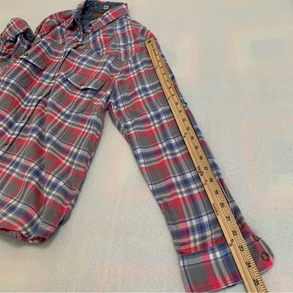 JACHS Girlfriend BEA Flannel Shirt Womens Long Sleeve Roll Tab Plaid Pink/Blue L - Picture 16 of 16